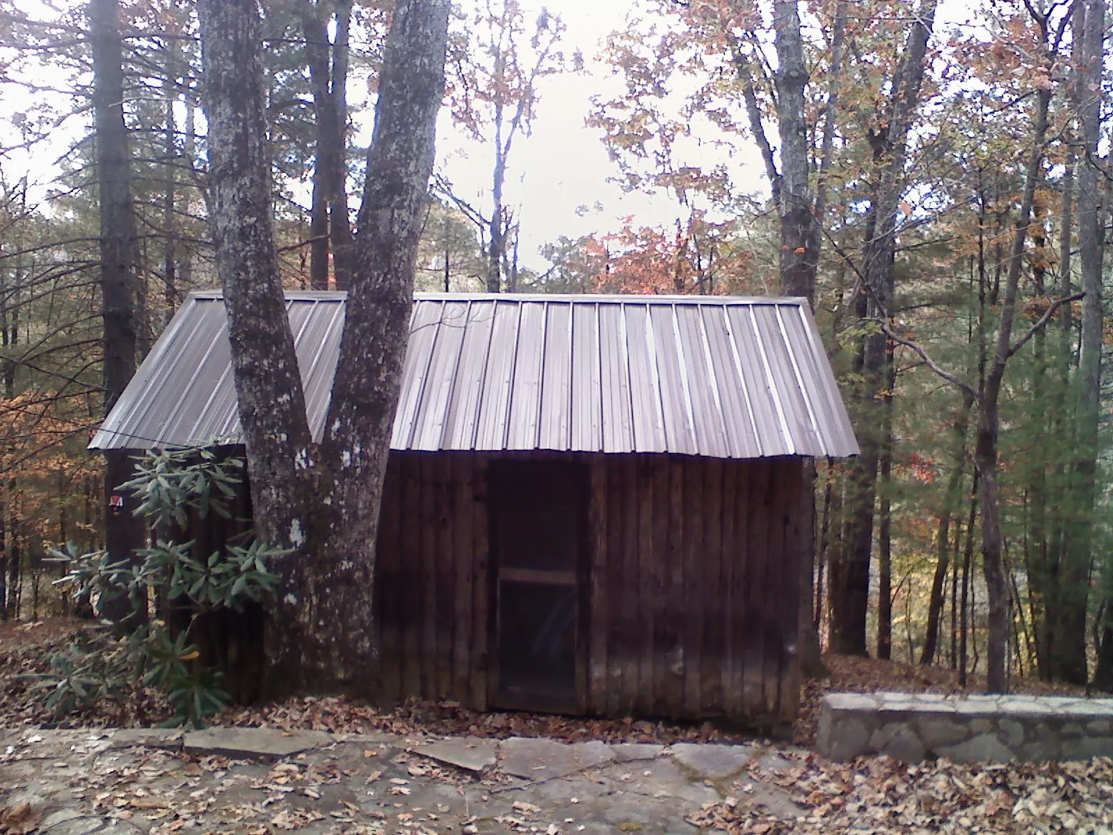 New metal gable roof on a small log shed among the trees in New Century